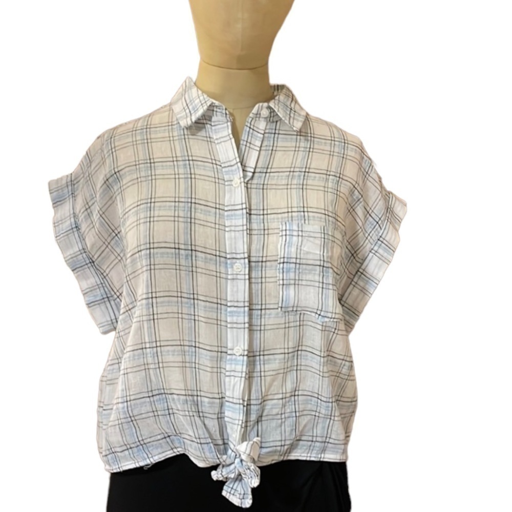 Preppy Plaid Shirt Button Down Top Small White Blue Good Luck Gem Casual